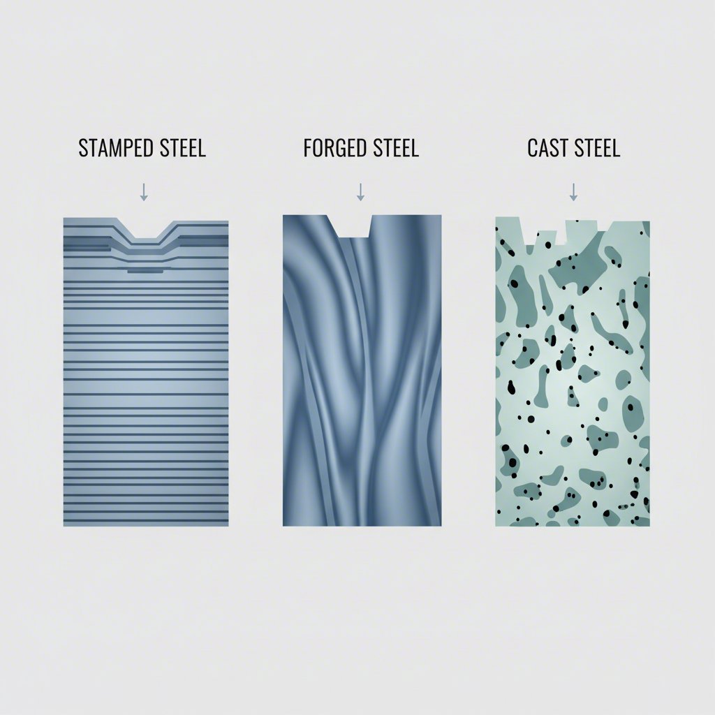 a diagram comparing the microscopic grain structure of stamped forged and cast steel for control arms