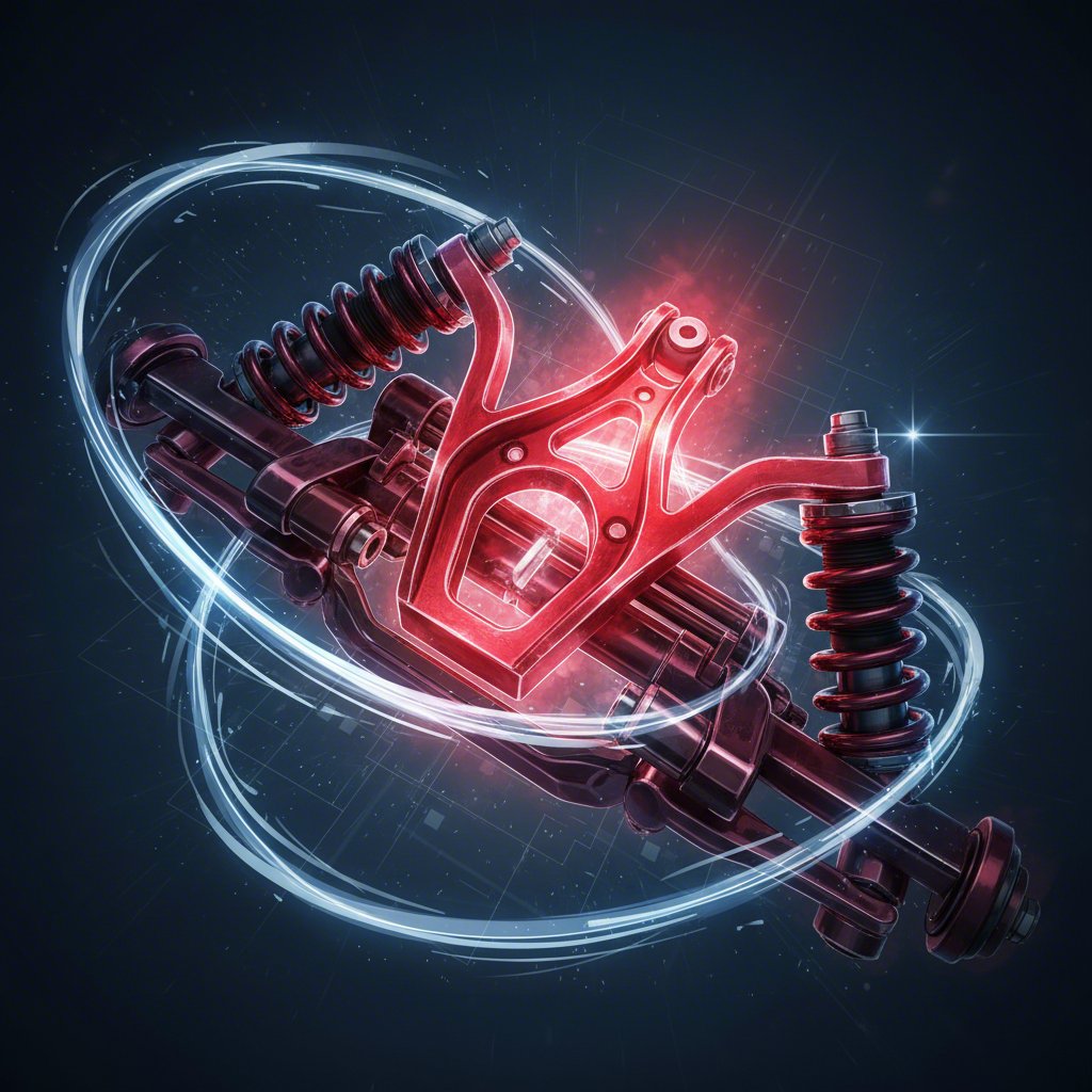 conceptual art of a stamped steel control arm managing intense heat within a vehicles suspension system