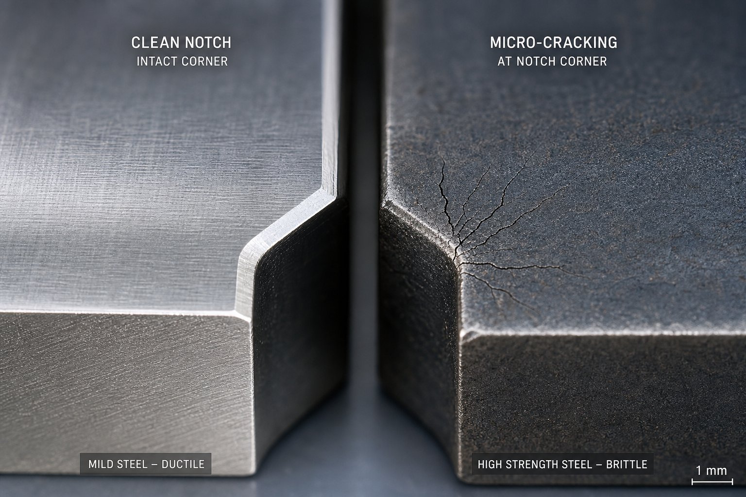 notch corner integrity comparison between ductile mild steel and high strength ahss strip material