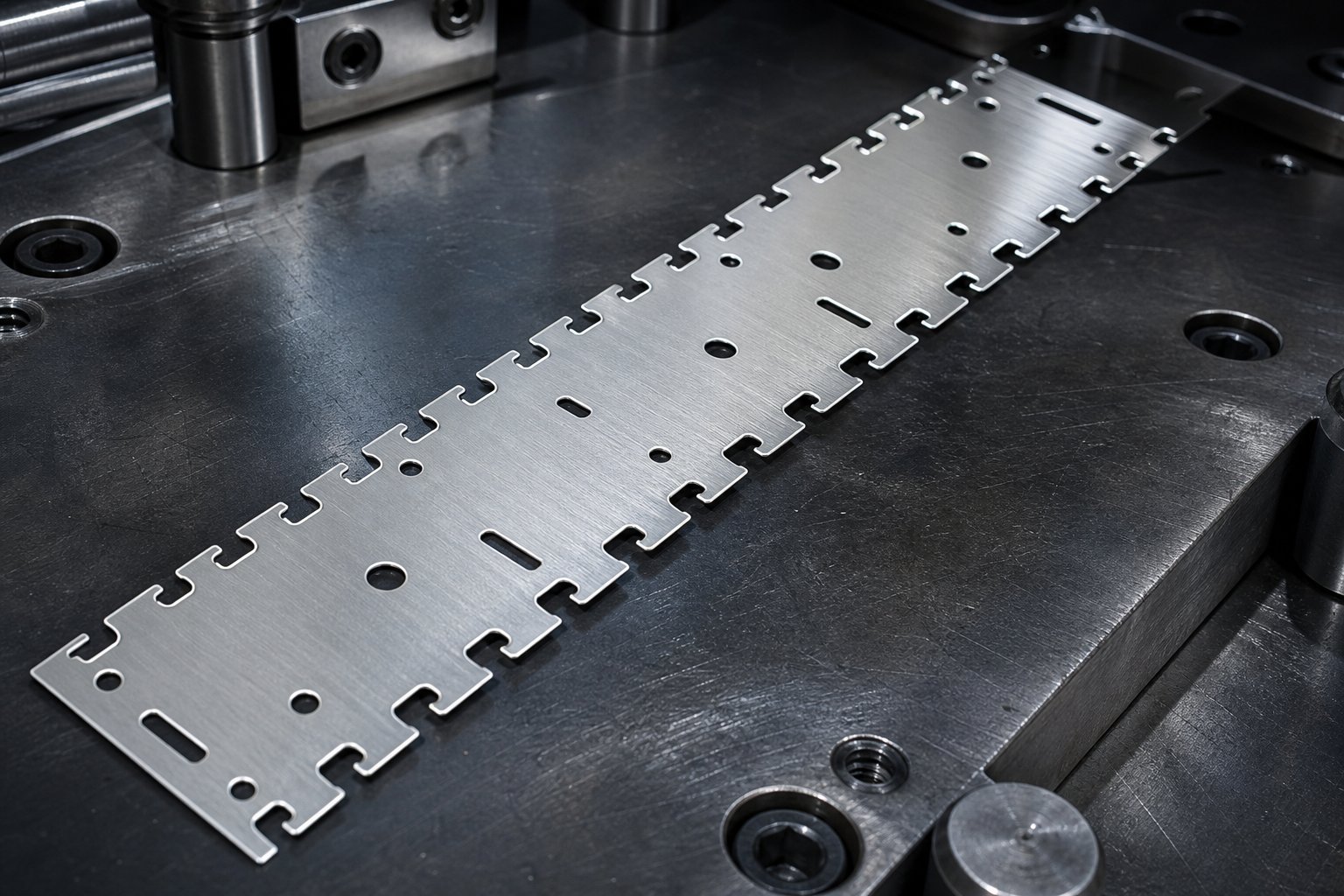 progressive die strip showing bypass notch configurations cut into the carrier edges for station clearance