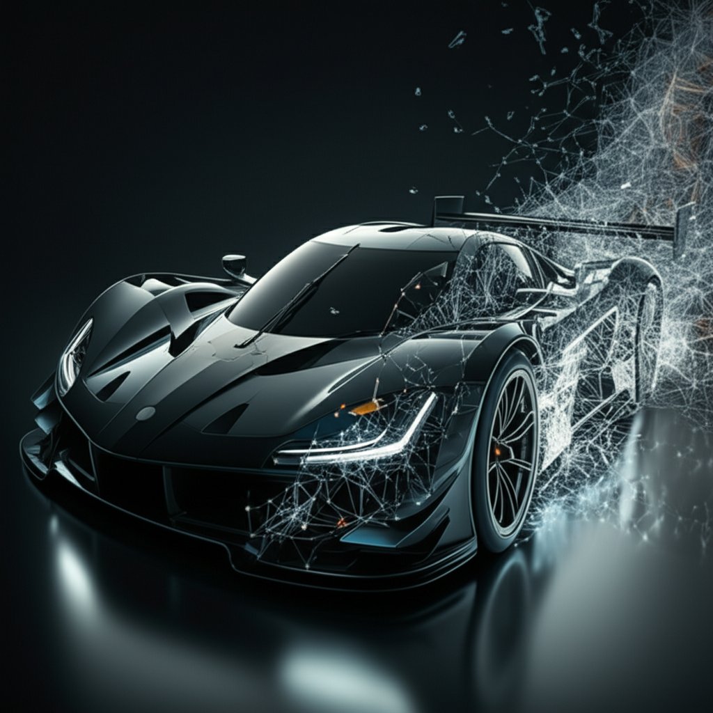 conceptual art of a race cars form merging with the atomic structure of aluminum alloy