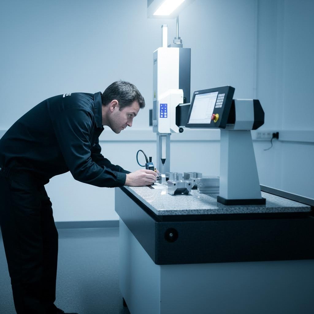 quality inspector verifying precision components using coordinate measuring equipment