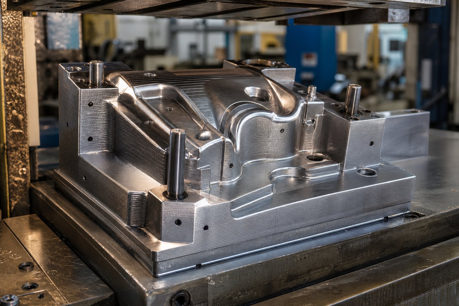 a 3d printed metal stamping die mounted on a press bed ready for sheet metal forming operations