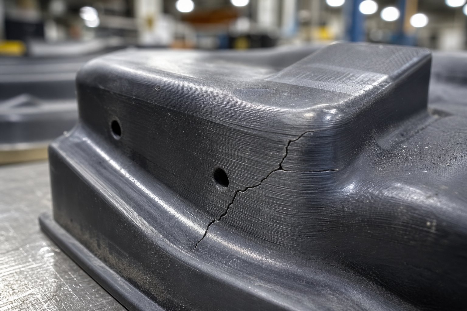 a polymer stamping die showing typical wear patterns including surface polishing and layer delamination cracking