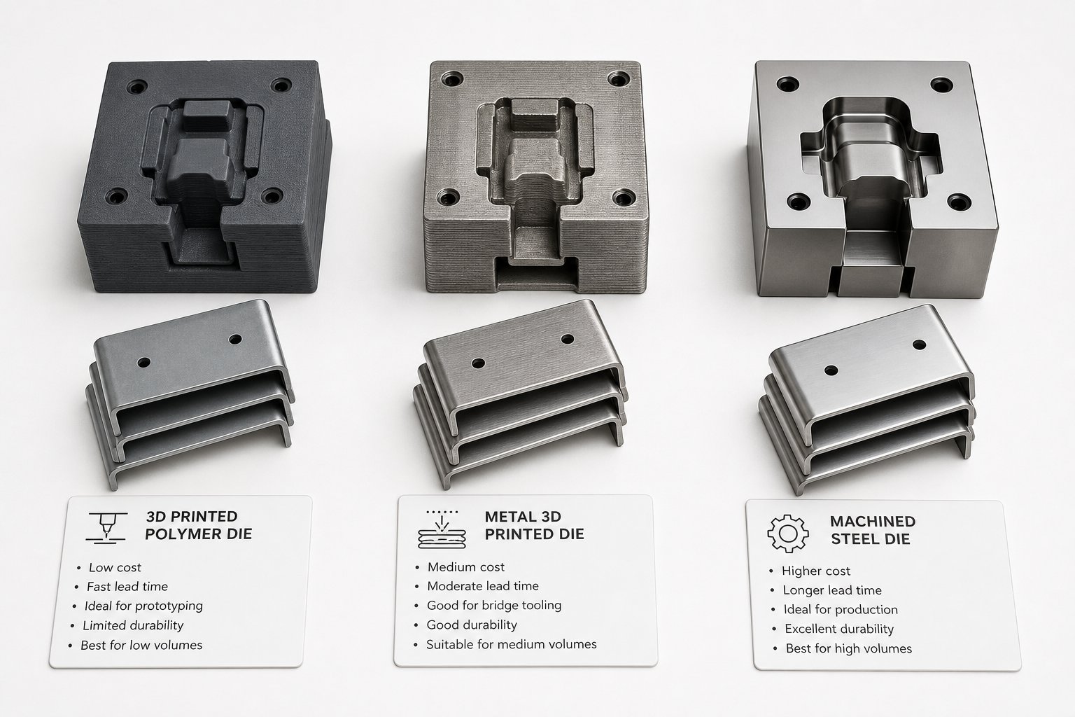three tooling options compared side by side polymer printed metal printed and conventionally machined stamping dies