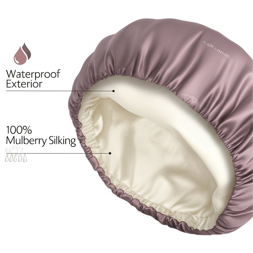 diagram illustrating the construction of a high quality waterproof silk lined bath cap