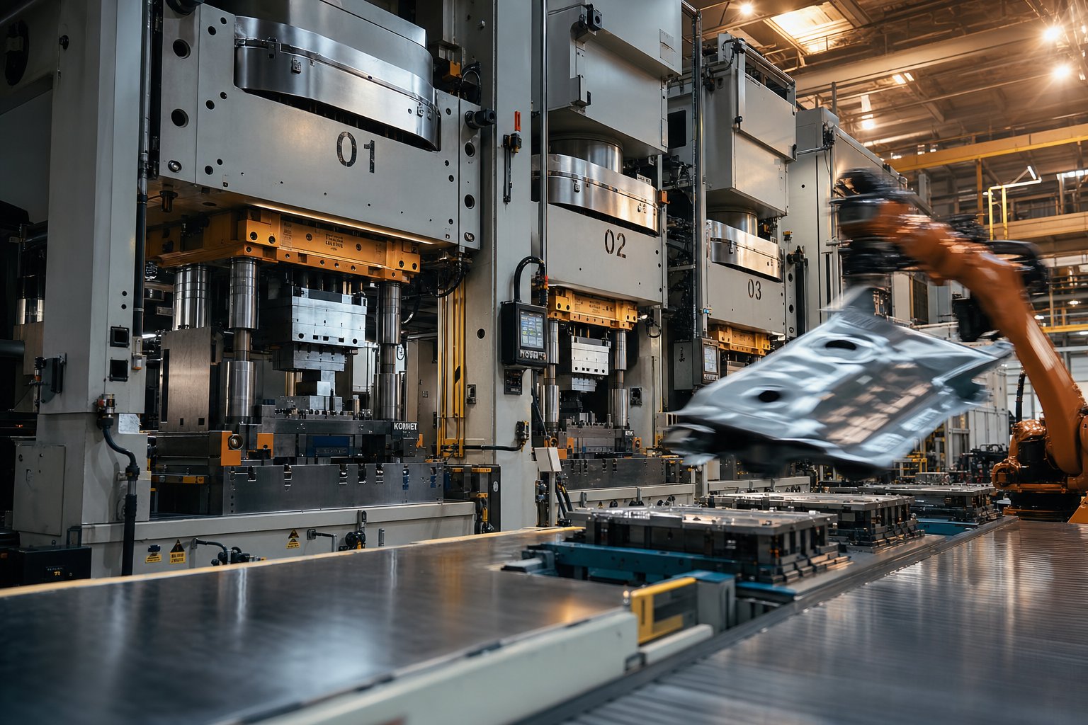 a tandem press line for line die stampings with robotic part transfer between sequential stations