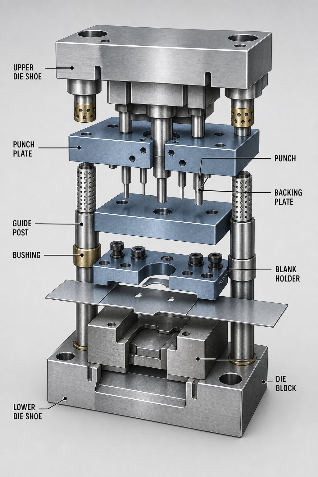 cutaway view of upper and lower die assemblies in a line die stamping station