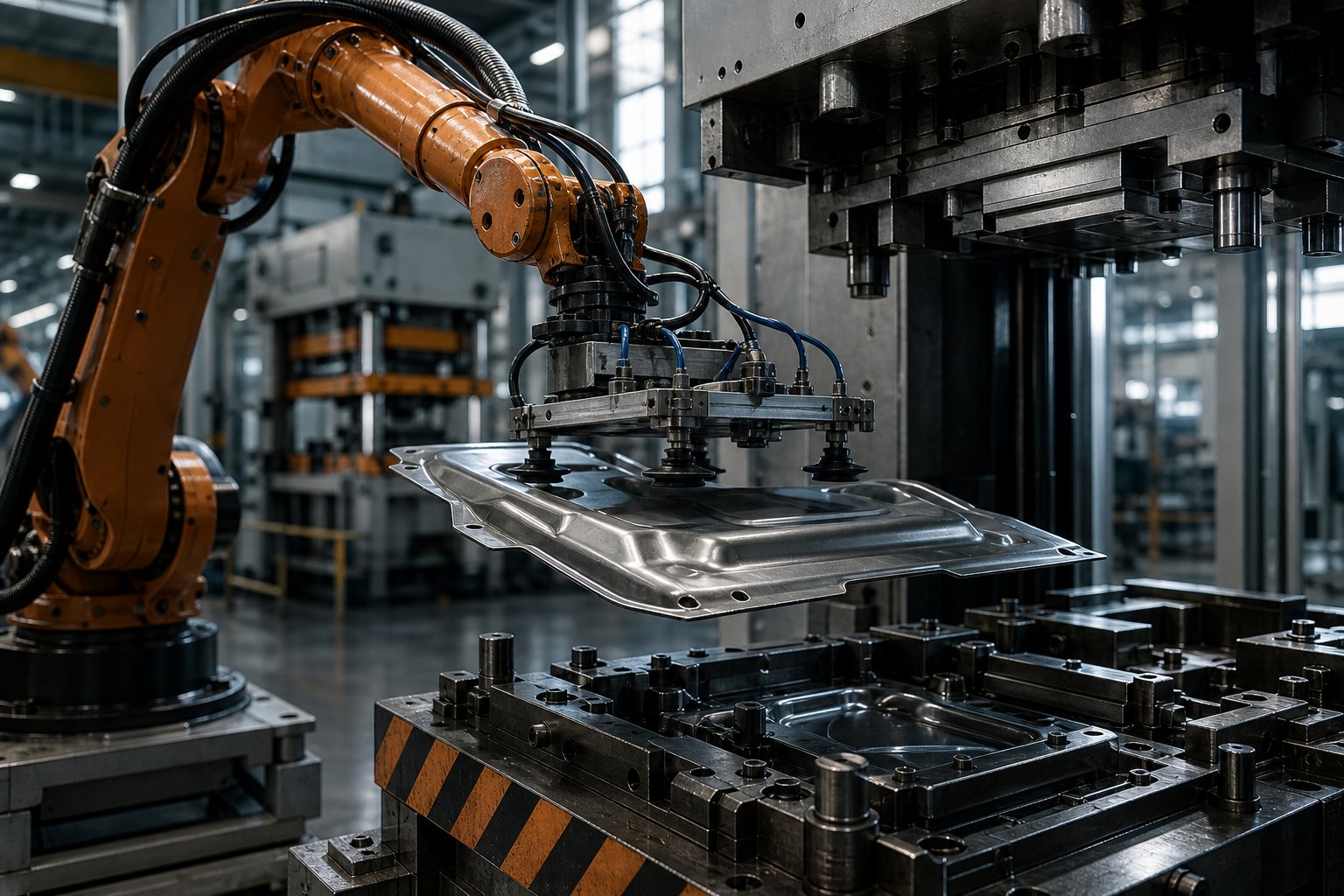 robotic end of arm tooling transferring a formed part between line die press stations