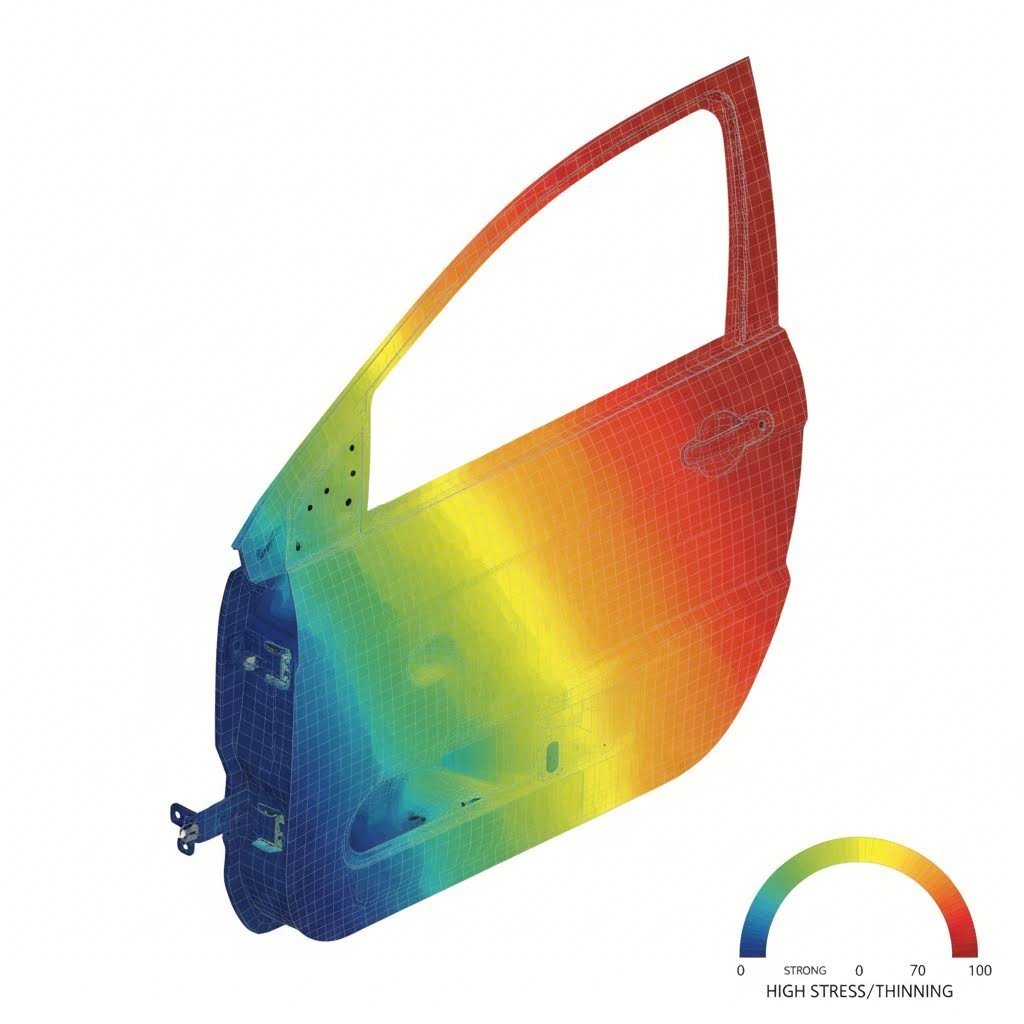 FEA heat map showing stress distribution and thinning on a stamped part