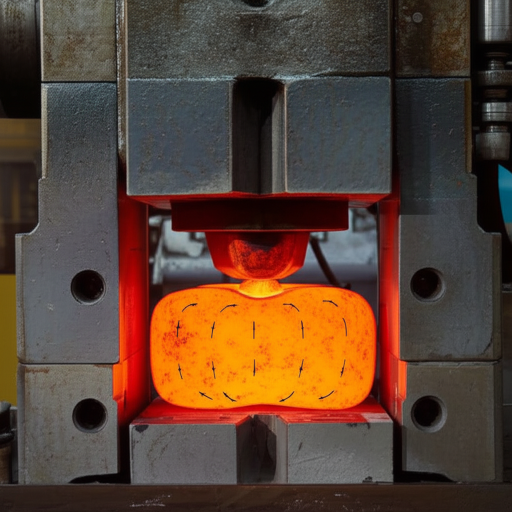 a diagram showing how the forging process aligns metal grains to enhance component strength and durability