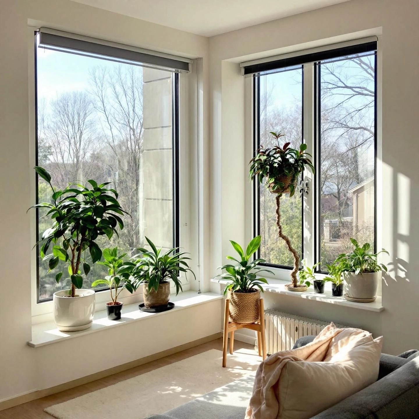 airy room with clear windows and healthy plants representing improved indoor air quality
