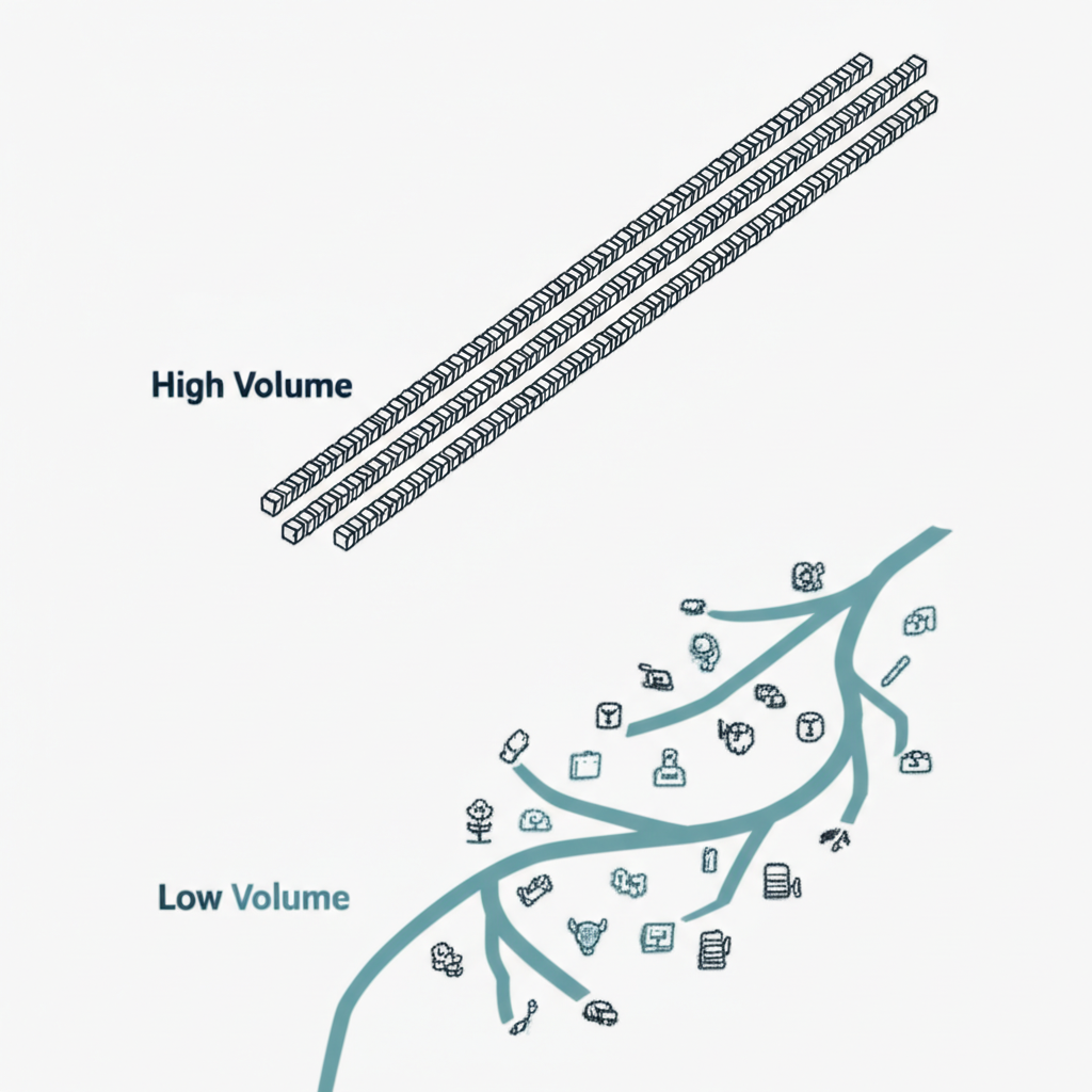 diagram showing the flexibility of low volume vs high volume production