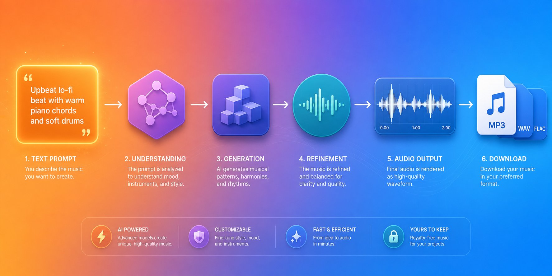 the ai music creation workflow progresses from text input through generation and iteration to final exported audio