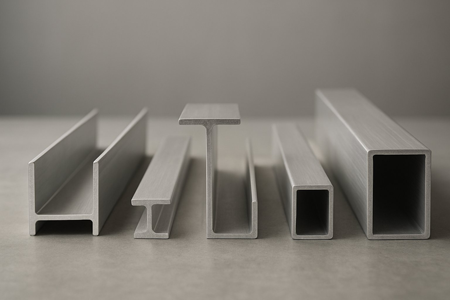 common aluminium section shapes in a simple visual lineup
