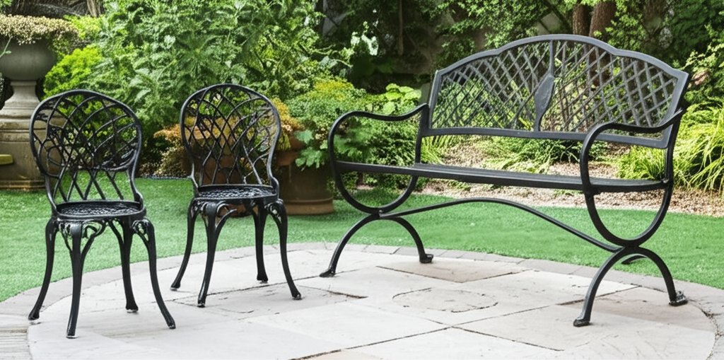 wrought iron and cast iron furniture in a garden setting