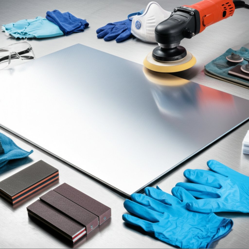 polished aluminum surface and essential tools for achieving a flawless mirror finish