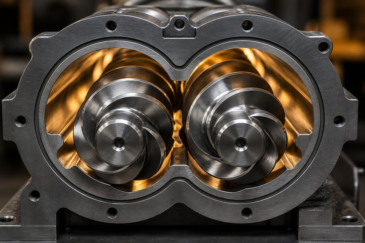 cross section of intermeshing co rotating twin screws showing channel depth and barrel clearances