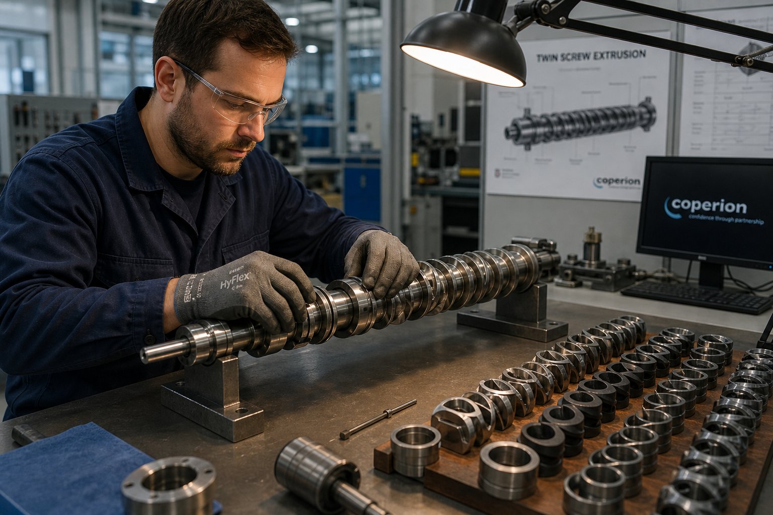 engineer selecting and arranging modular screw elements during twin screw extruder configuration optimization