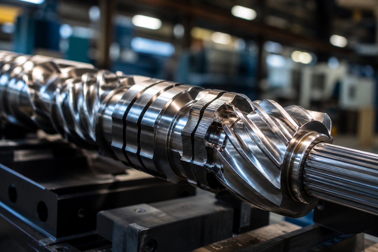 modular screw elements assembled on a twin screw extruder shaft showing conveying kneading and mixing sections