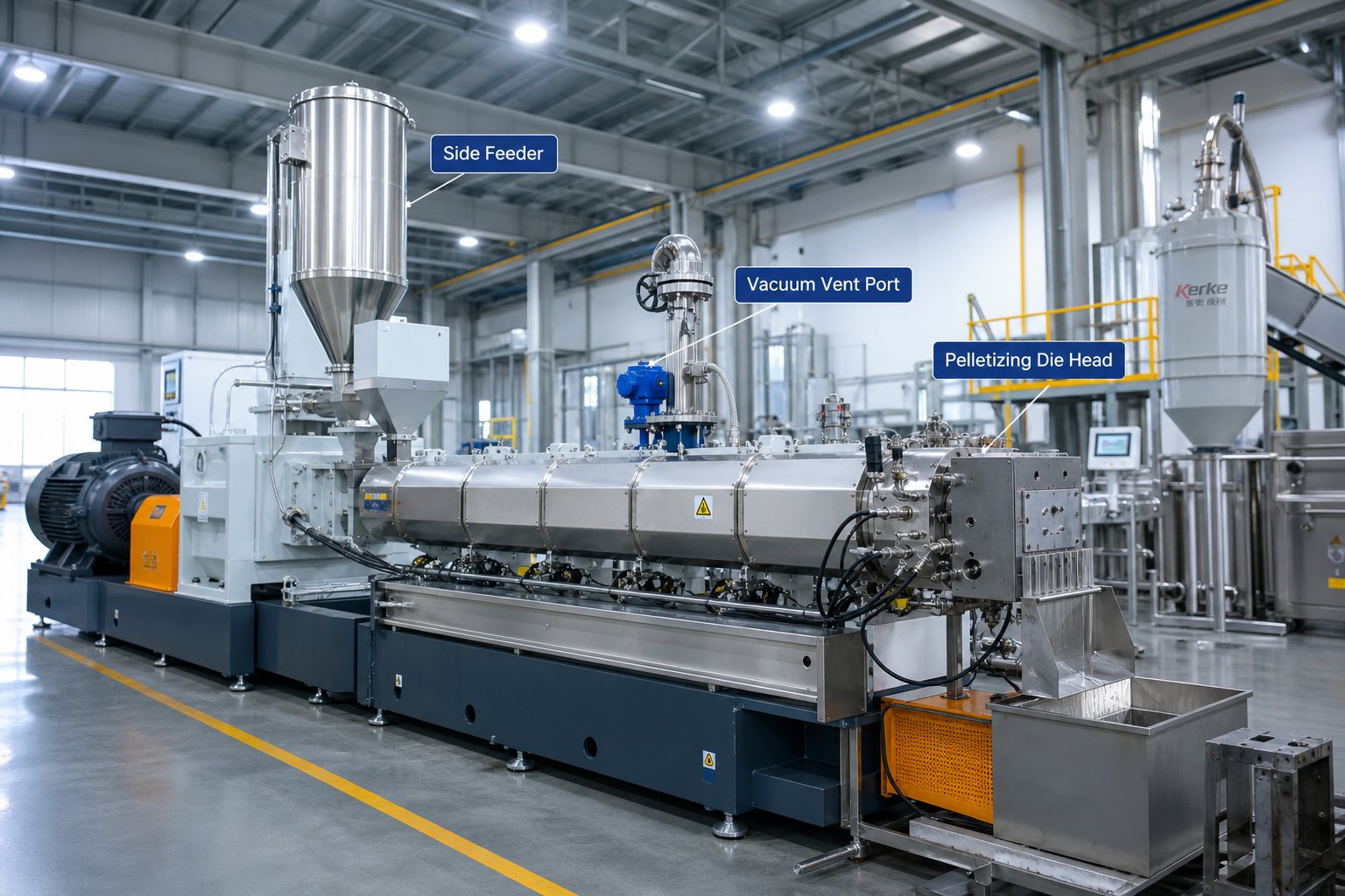 twin screw compounding extruder production line with side feeder and downstream processing equipment