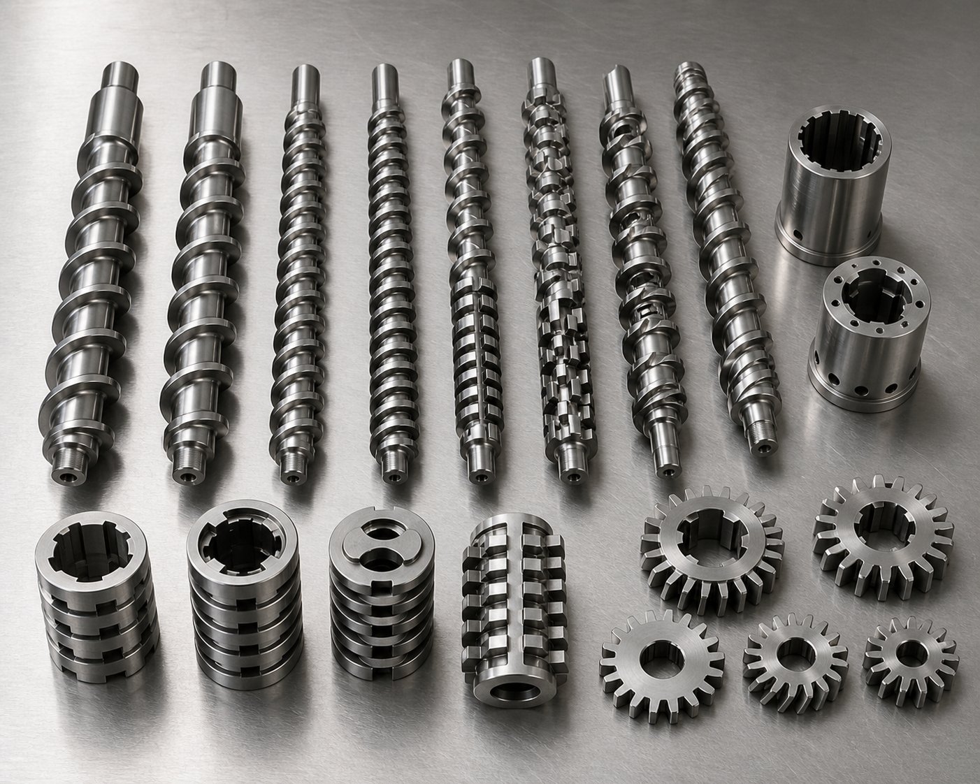 various twin screw extruder screw element types including conveying elements kneading blocks and mixing elements