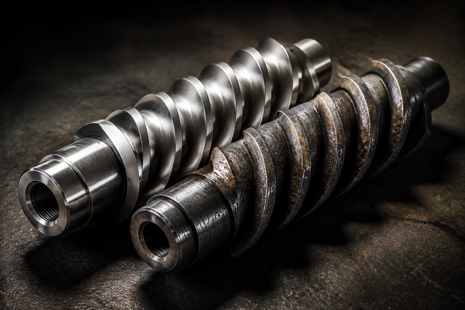 comparison of a new and worn twin screw element highlighting the surface degradation that occurs in abrasive processing environments