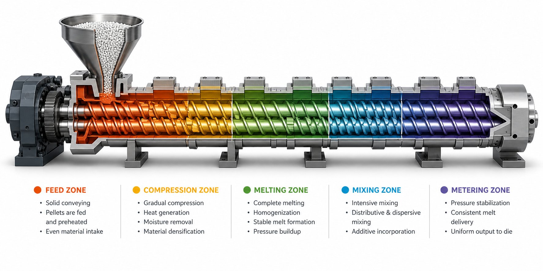 functional zones along a twin screw extruder barrel from feed intake through melting mixing venting and pressure generation at the die