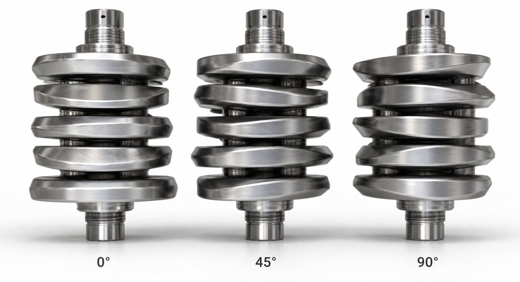 kneading block disc stacks at different stagger angles on a twin screw shaft showing how angular offset between discs varies across configurations