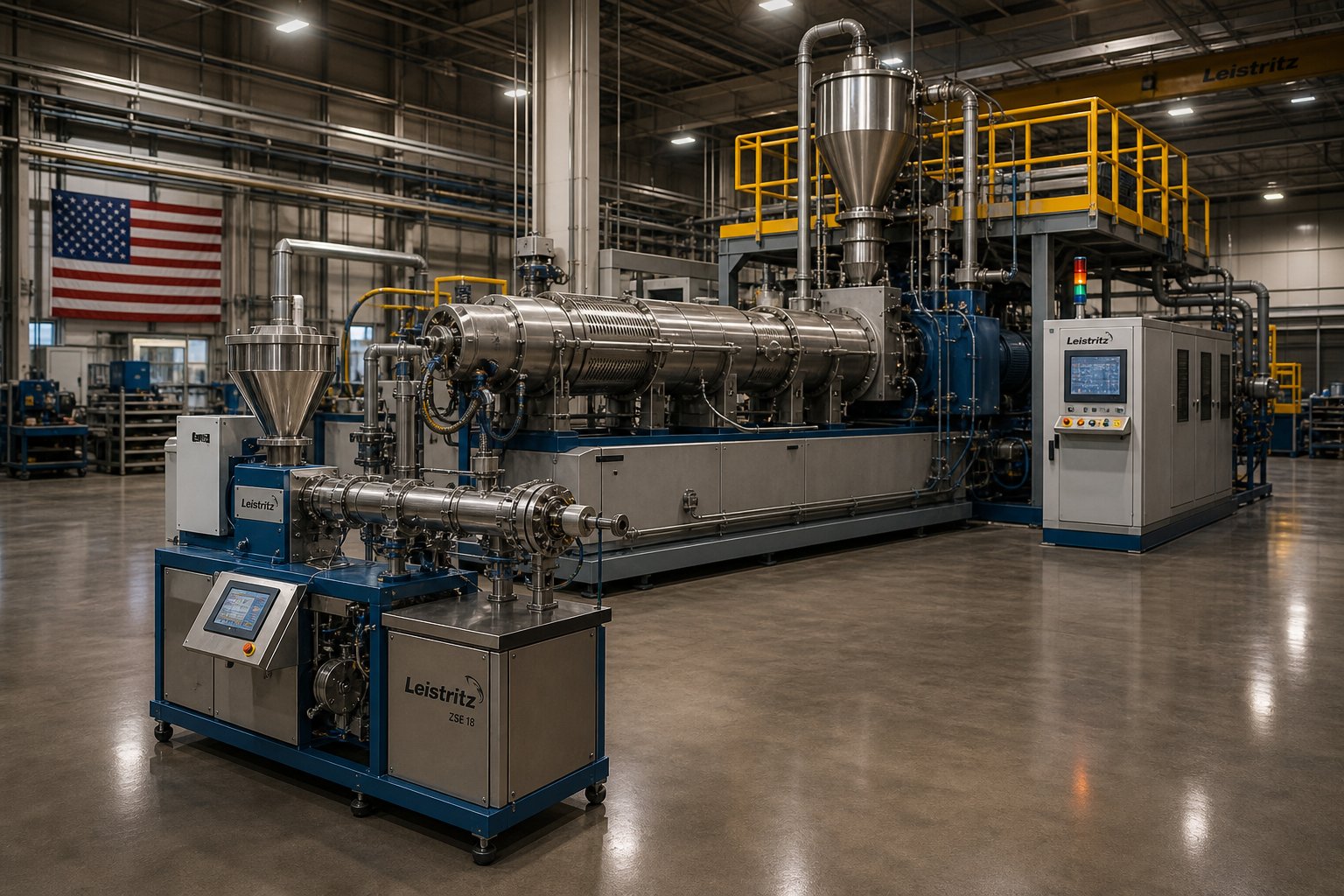 laboratory and production scale twin screw extruders side by side illustrating the scale up challenge in twin extruder screw design