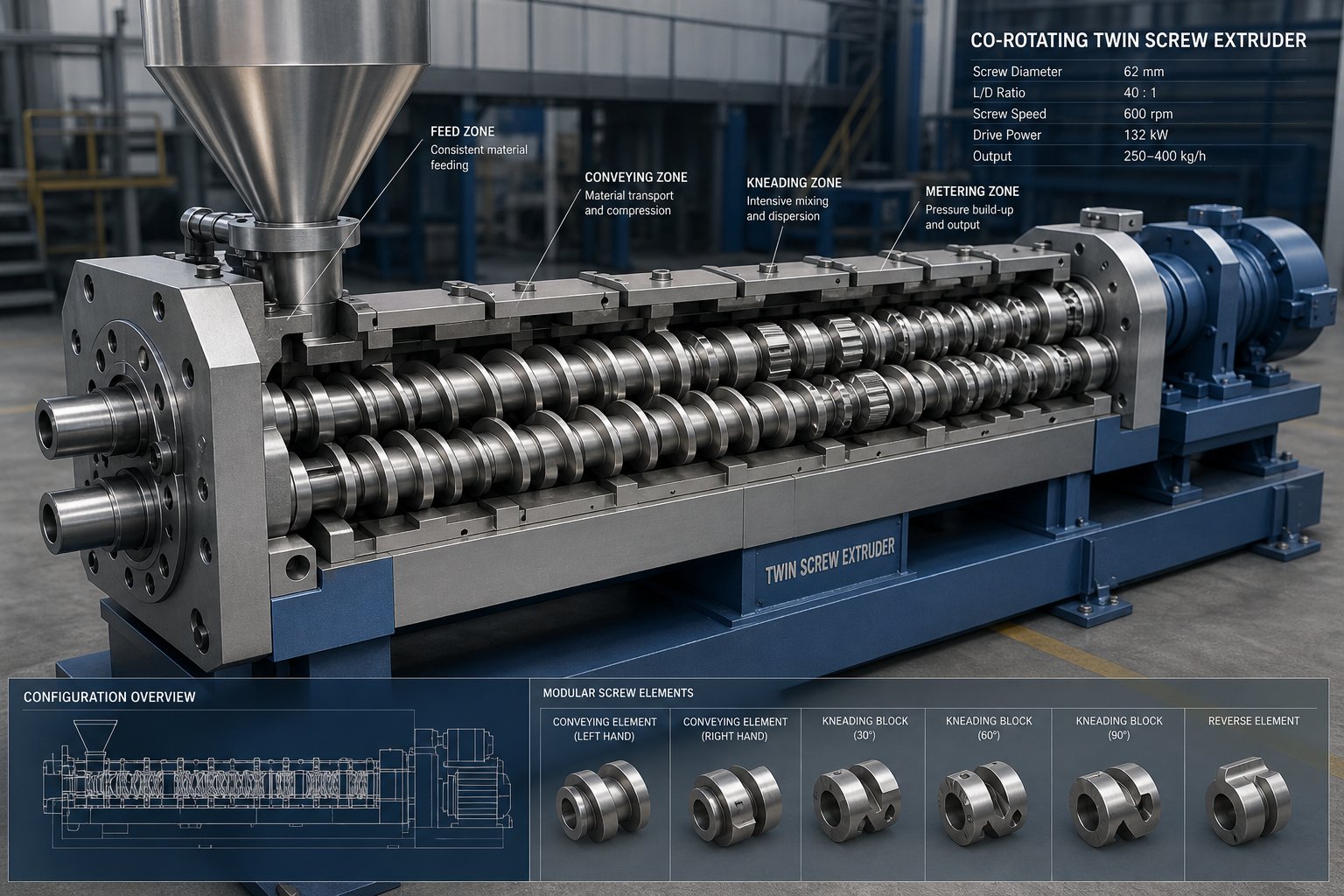 modular screw elements assembled on co rotating twin screw shafts inside an open barrel