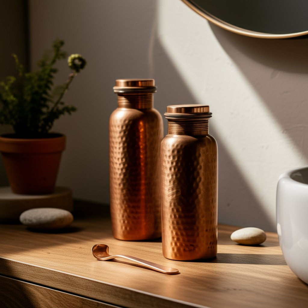 ayurvedic copper bottle set with tongue scraper for wellness routines