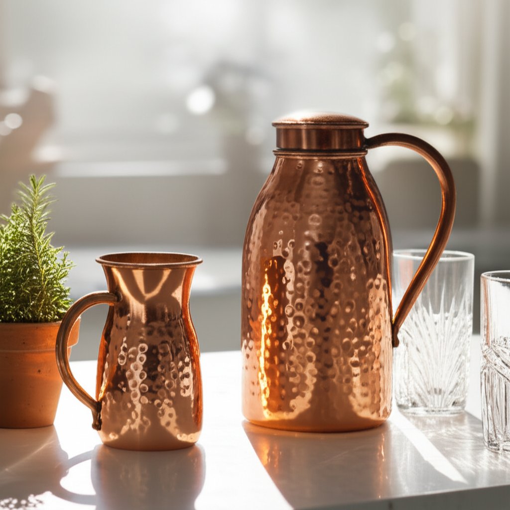 copper water jug and pitcher ready for batch water storage