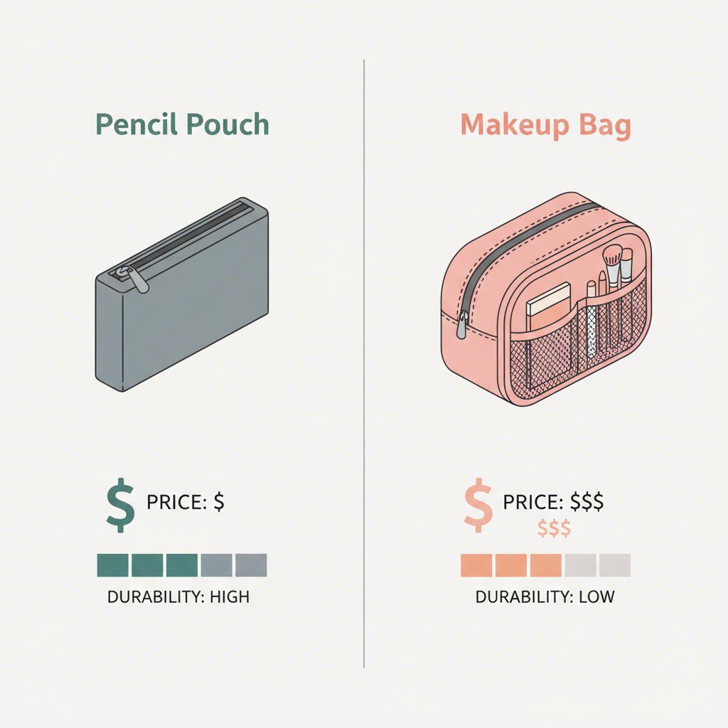 visual comparison of the features of a pencil pouch versus a makeup bag
