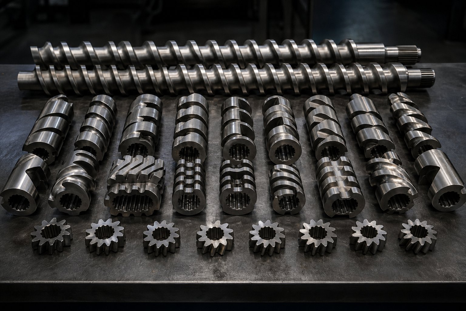 modular screw elements including kneading blocks and conveying segments used to customize twin screw extruder performance