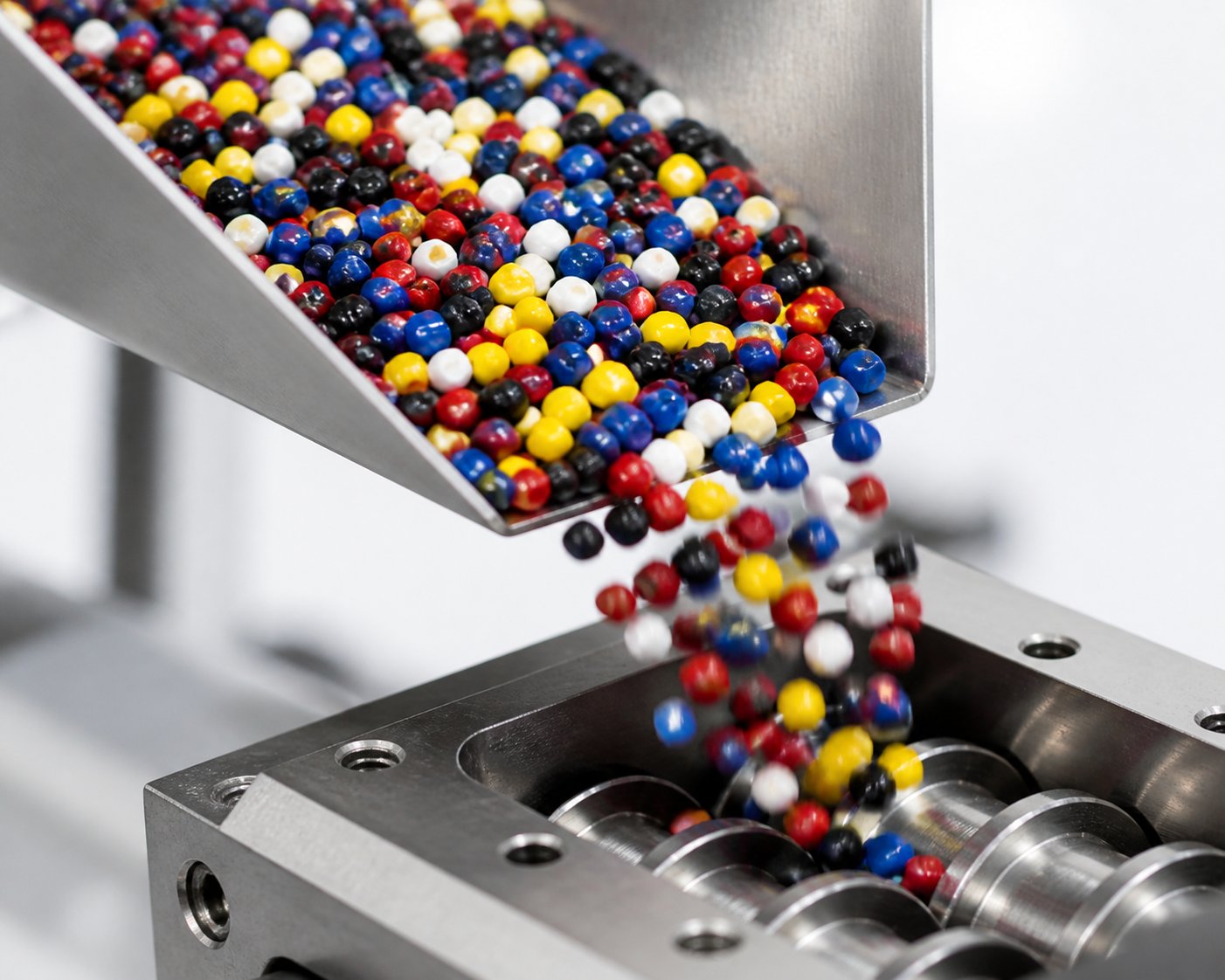 plastic pellets and masterbatch granules entering a twin screw compounding extruder for high performance mixing