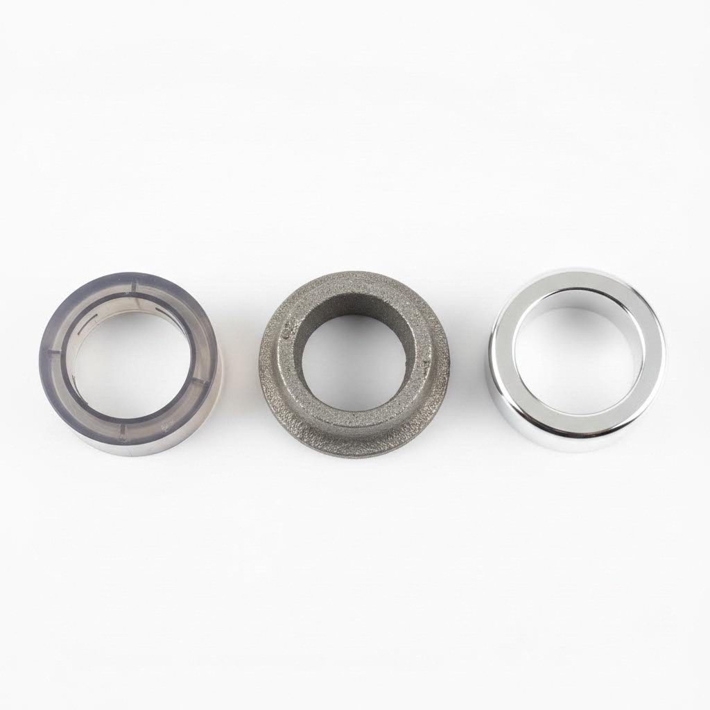 material comparison showing plastic cast and forged aluminum hub centric ring construction