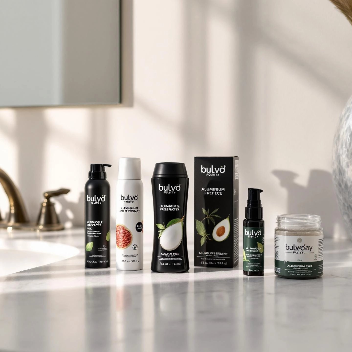a selection of aluminum free antiperspirant products in recyclable packaging on a modern bathroom counter