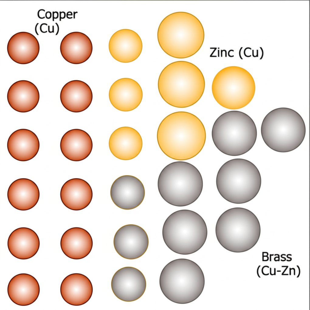 visual representation of copper and zinc combining to create brass alloys