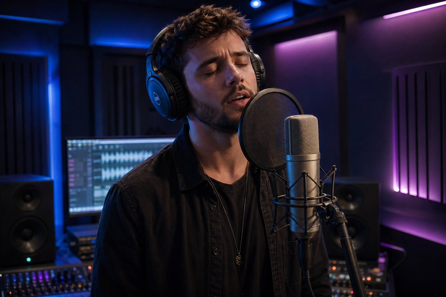 a deep bass vocalist recording in a modern studio where technology captures sub bass frequencies that once struggled to project in concert halls