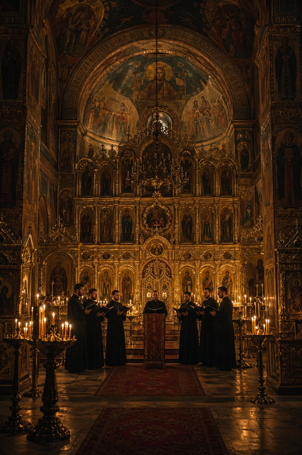 a russian orthodox choir performing sacred liturgical music where the oktavist tradition gives the deepest bass voice a spiritual role