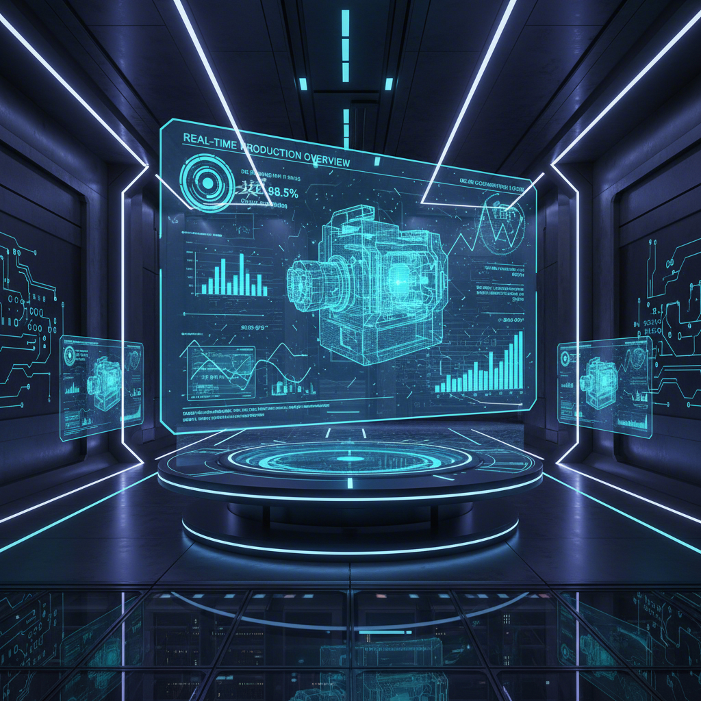 a futuristic control interface displaying analytics and a 3d model of machinery for die casting 40