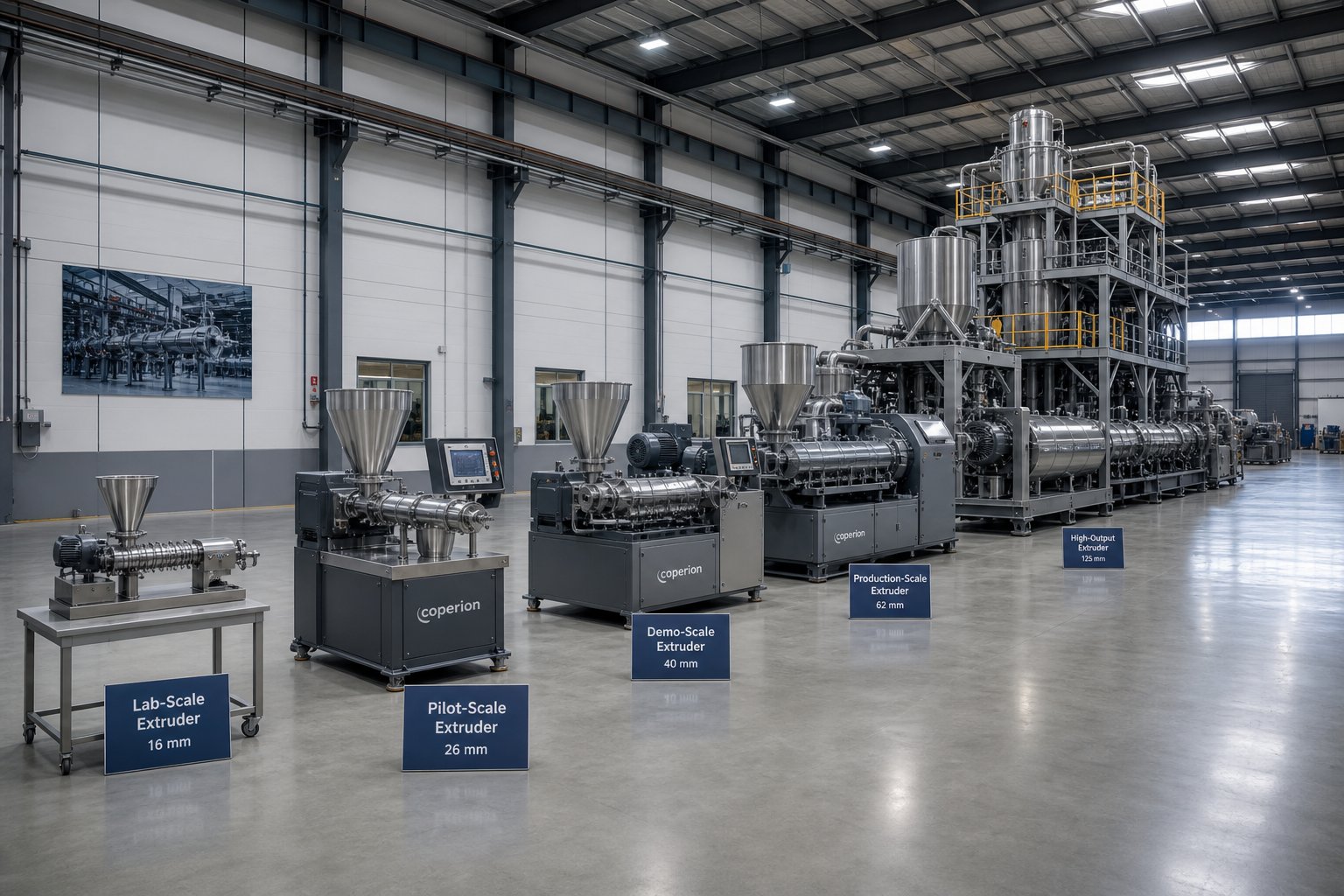 twin screw extruders ranging from lab scale to full production scale units showcasing the spectrum of factory offerings