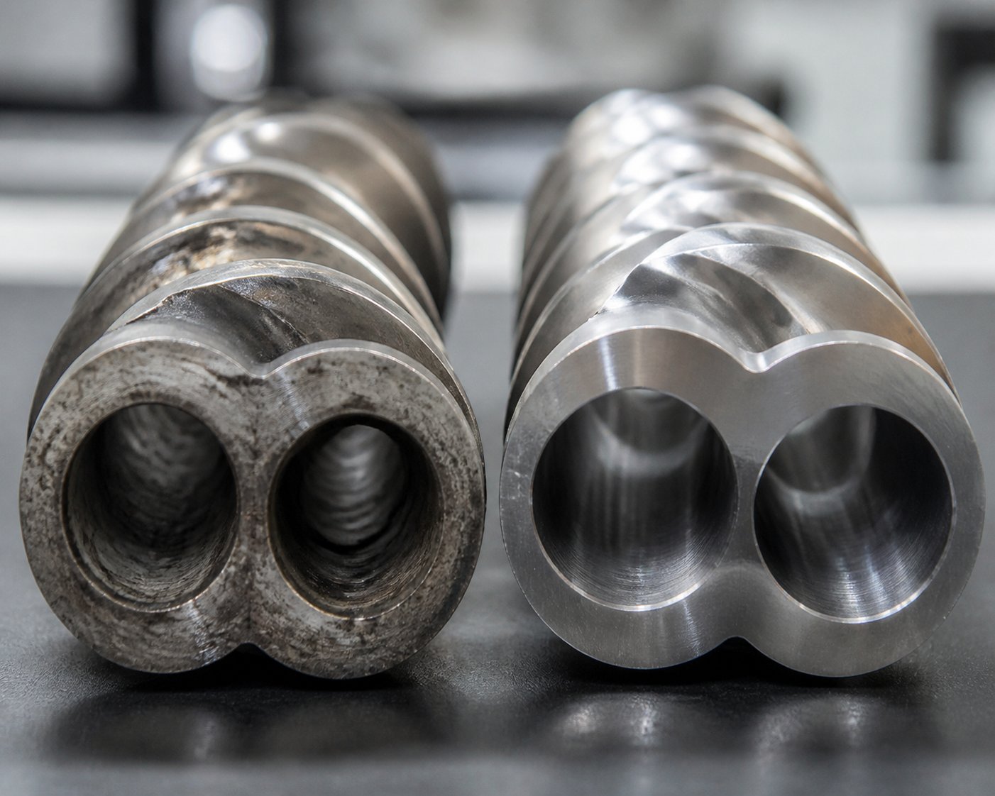 worn versus new barrel segments illustrating why wear part quality drives long term extruder operating costs