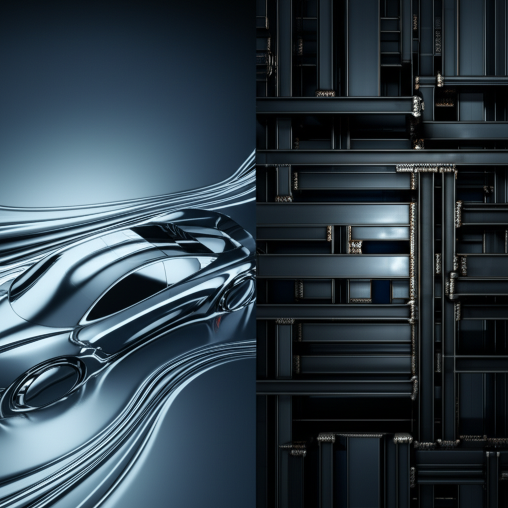 conceptual art comparing the fluid lightness of aluminum with the solid strength of steel in automotive design