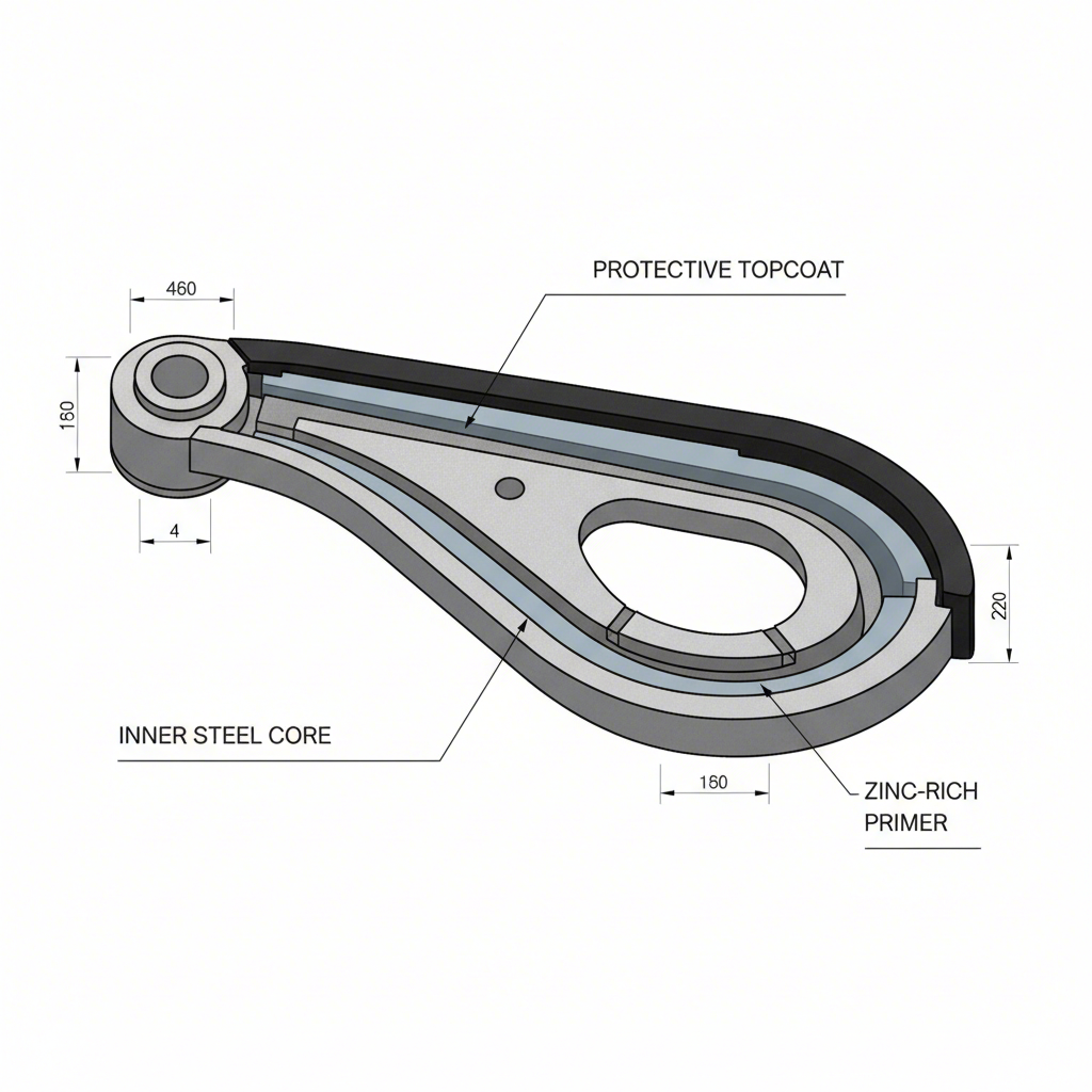 diagram illustrating the protective layers on a rust proofed steel control arm