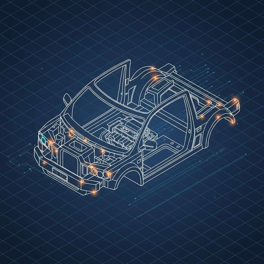 Automotive application map indicating typical zones for embossing vs debossing on a vehicle chassis