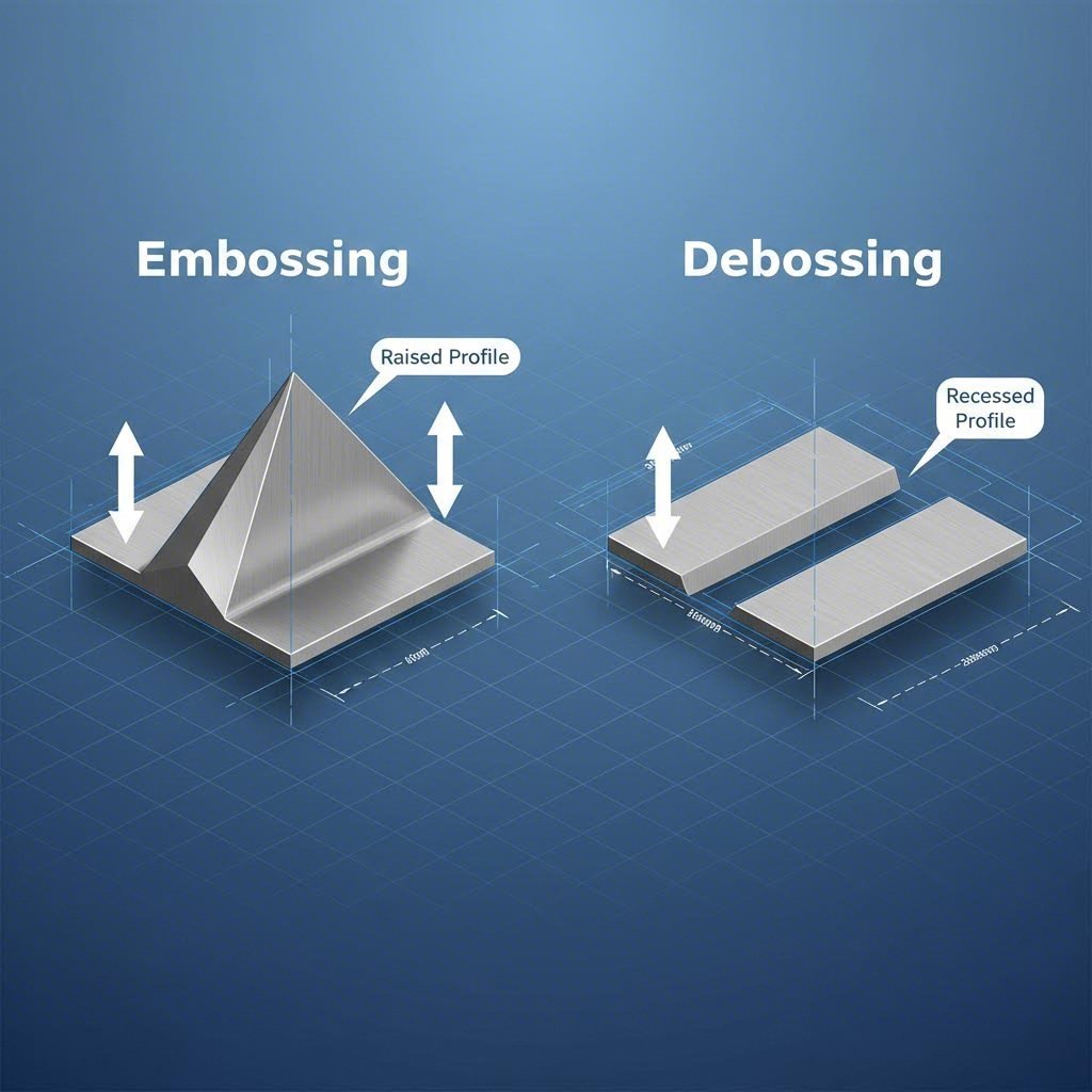Cross section diagram showing the physical difference between embossed (raised) and debossed (recessed) metal markings