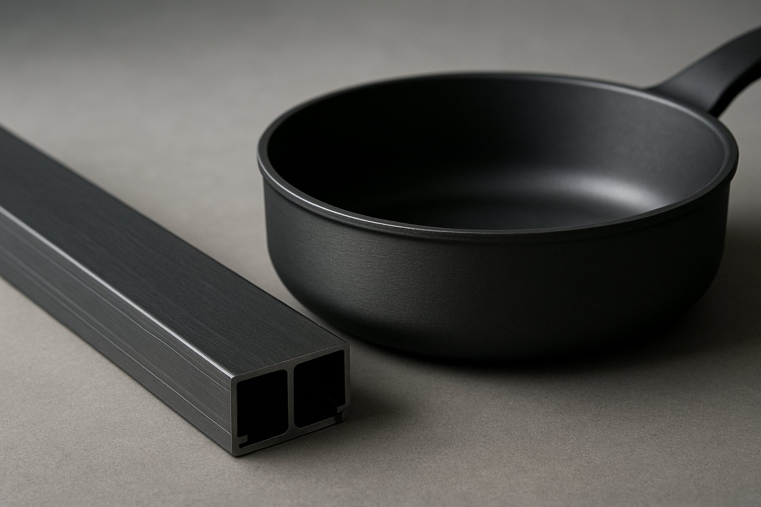 hard anodized aluminum in industrial and cookware form with a dark matte oxide surface