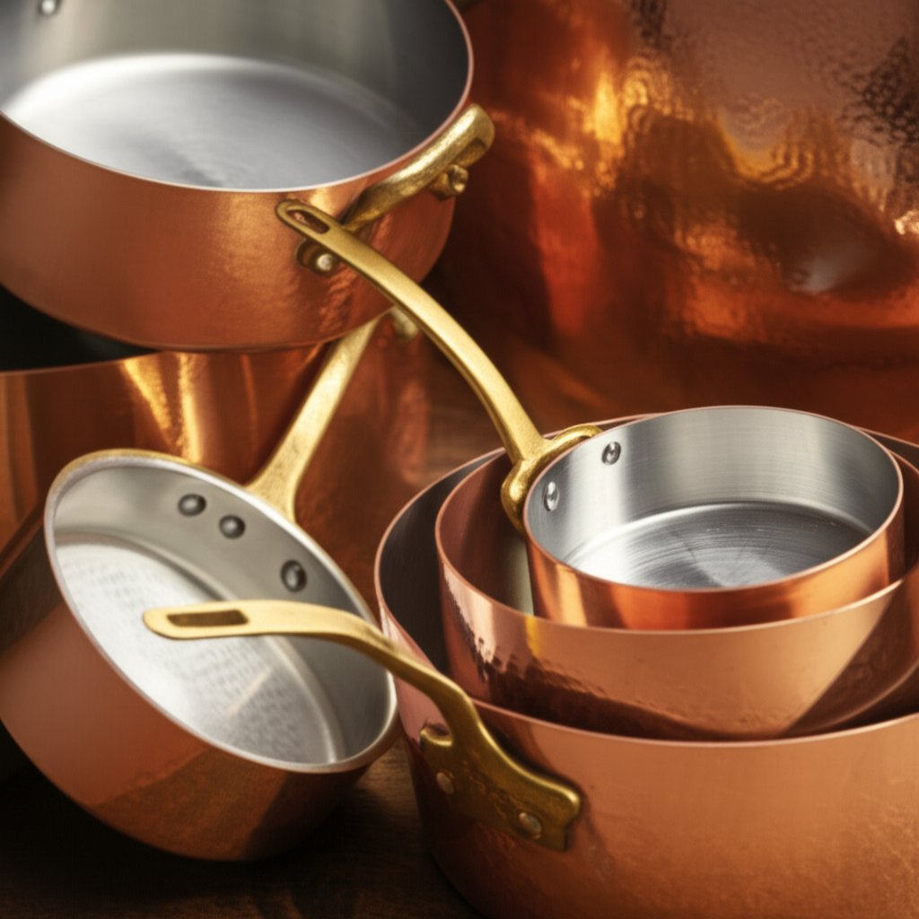 copper pans with tin and stainless linings emphasizing construction details